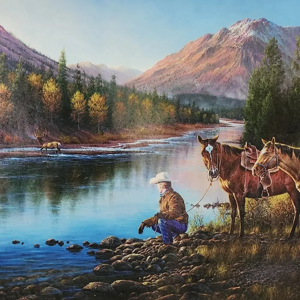 NEW Cowboy & Horses at Stream Tempered Glass Cutting Board 12x16